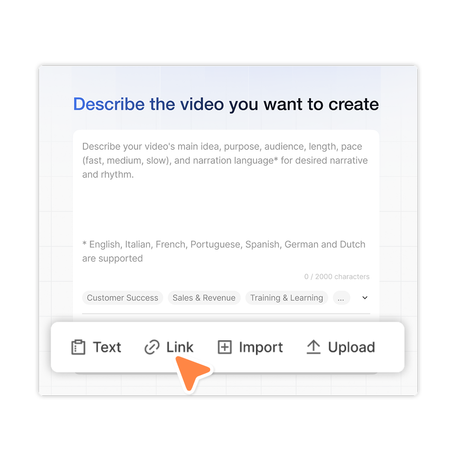 Start with any input like text, video, link, or audio using Visla’s AI Video Agent